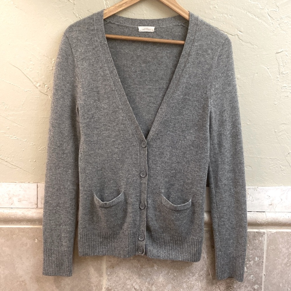 J. CREW 100% Cashmere Long V- Neck Button Cardigan Patch Pockets Gray